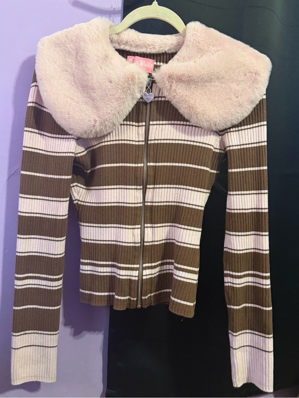 Sugar Thrillz Faux Fur Collar Striped Zip-Up Jacket - Pink & Brown size Md/Large - Picture 9 of 9